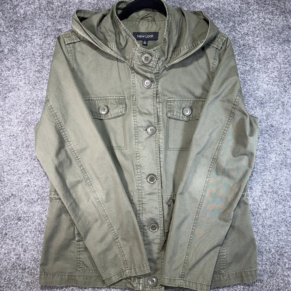 New Look Utility Field Jacket Womens Large Green‎ Hooded Cotton Military Coat
